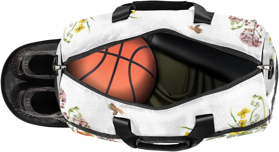 Floral Flower Bee Sports Gym Bag for Women Men Travel Duffel Bag with Wet Pocket & Shoes Compartment Waterproof Weekender Overnight Tote Carry on Bag Lightweight