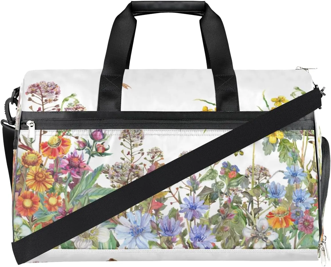 Floral Flower Bee Sports Gym Bag for Women Men Travel Duffel Bag with Wet Pocket & Shoes Compartment Waterproof Weekender Overnight Tote Carry on Bag Lightweight