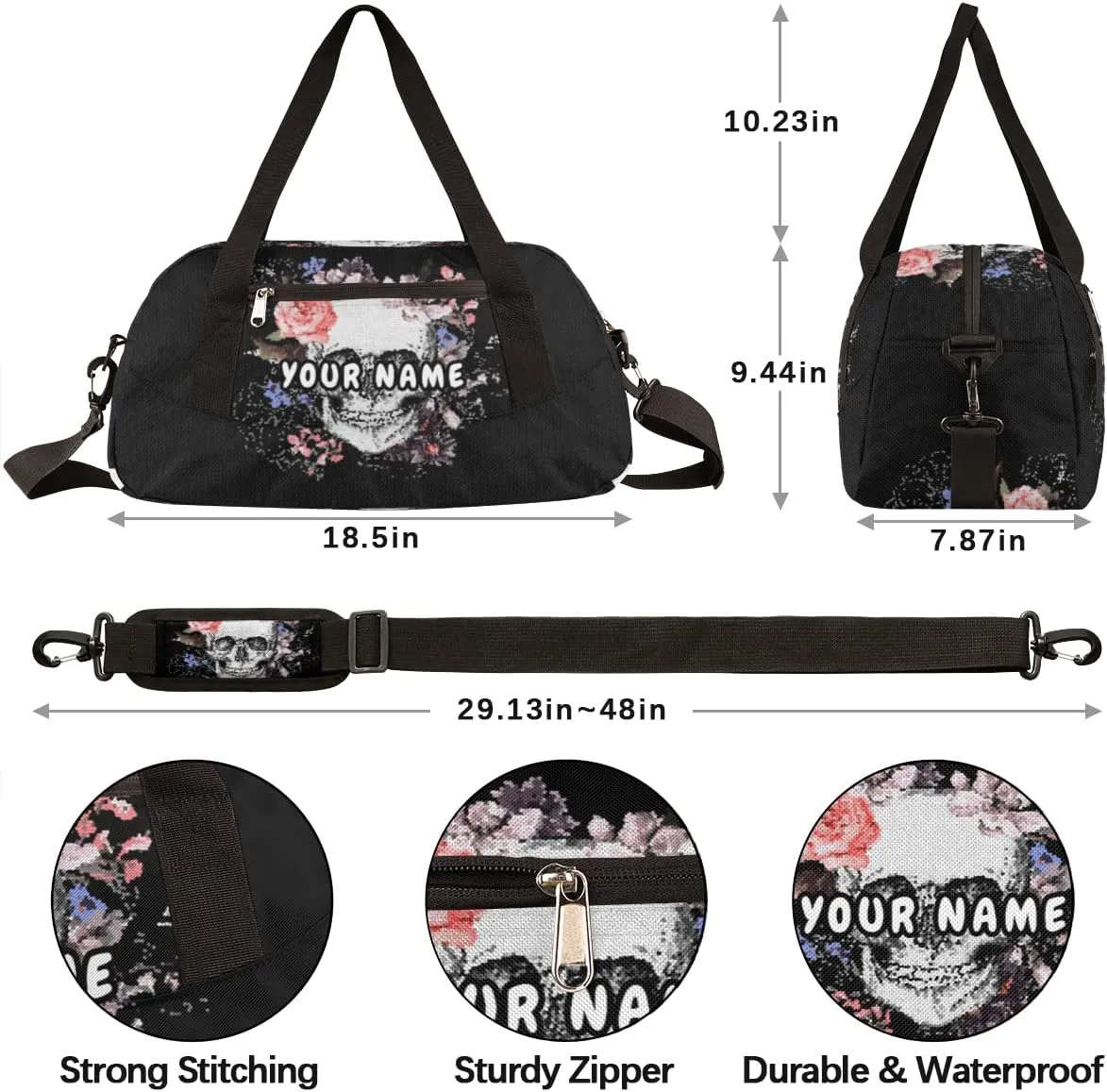 Floral Flower Skull Personalized Kids Duffel Bag for Girls Boys, Skull Debris Custom Dance Bag Overnight Small Duffel Bag Carry On Weekend Sports Travel Bag for School Practice Gymnastics Ballet