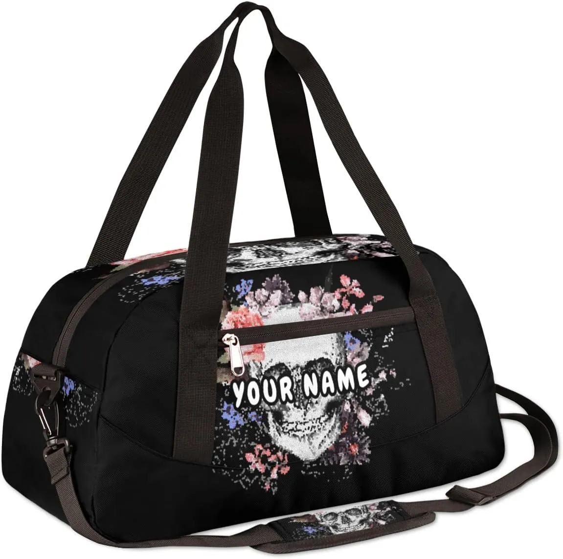 Floral Flower Skull Personalized Kids Duffel Bag for Girls Boys, Skull Debris Custom Dance Bag Overnight Small Duffel Bag Carry On Weekend Sports Travel Bag for School Practice Gymnastics Ballet