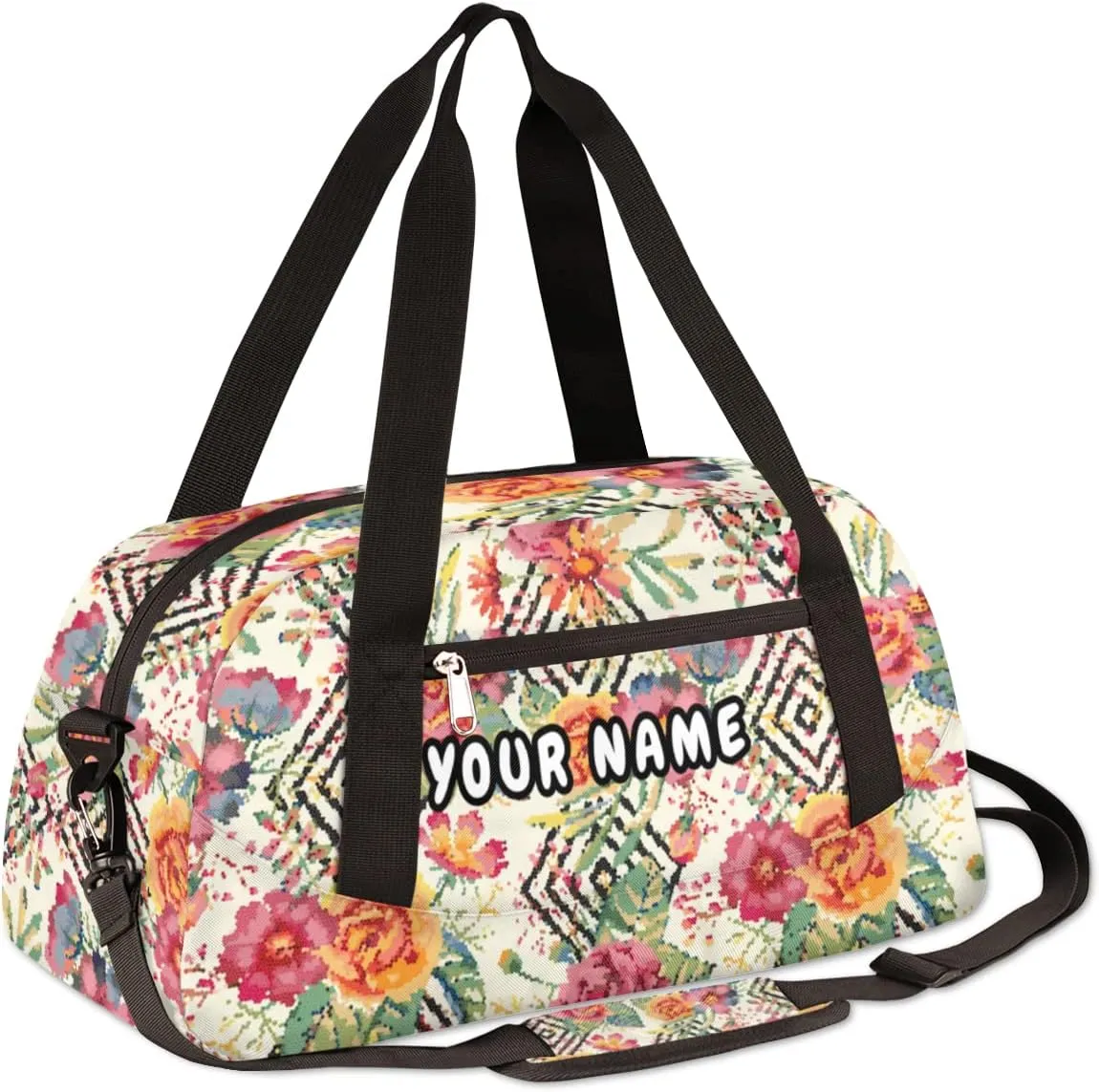 Floral Pattern Personalized Kids Duffel Bag for Girls Boys, Flower Debris Custom Dance Bag Overnight Small Duffel Bag Carry On Weekend Sports Travel Bag for School Practice Gymnastics Ballet