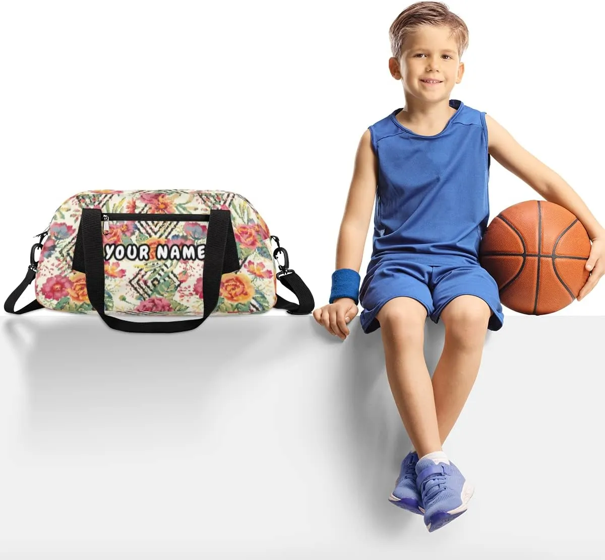 Floral Pattern Personalized Kids Duffel Bag for Girls Boys, Flower Debris Custom Dance Bag Overnight Small Duffel Bag Carry On Weekend Sports Travel Bag for School Practice Gymnastics Ballet