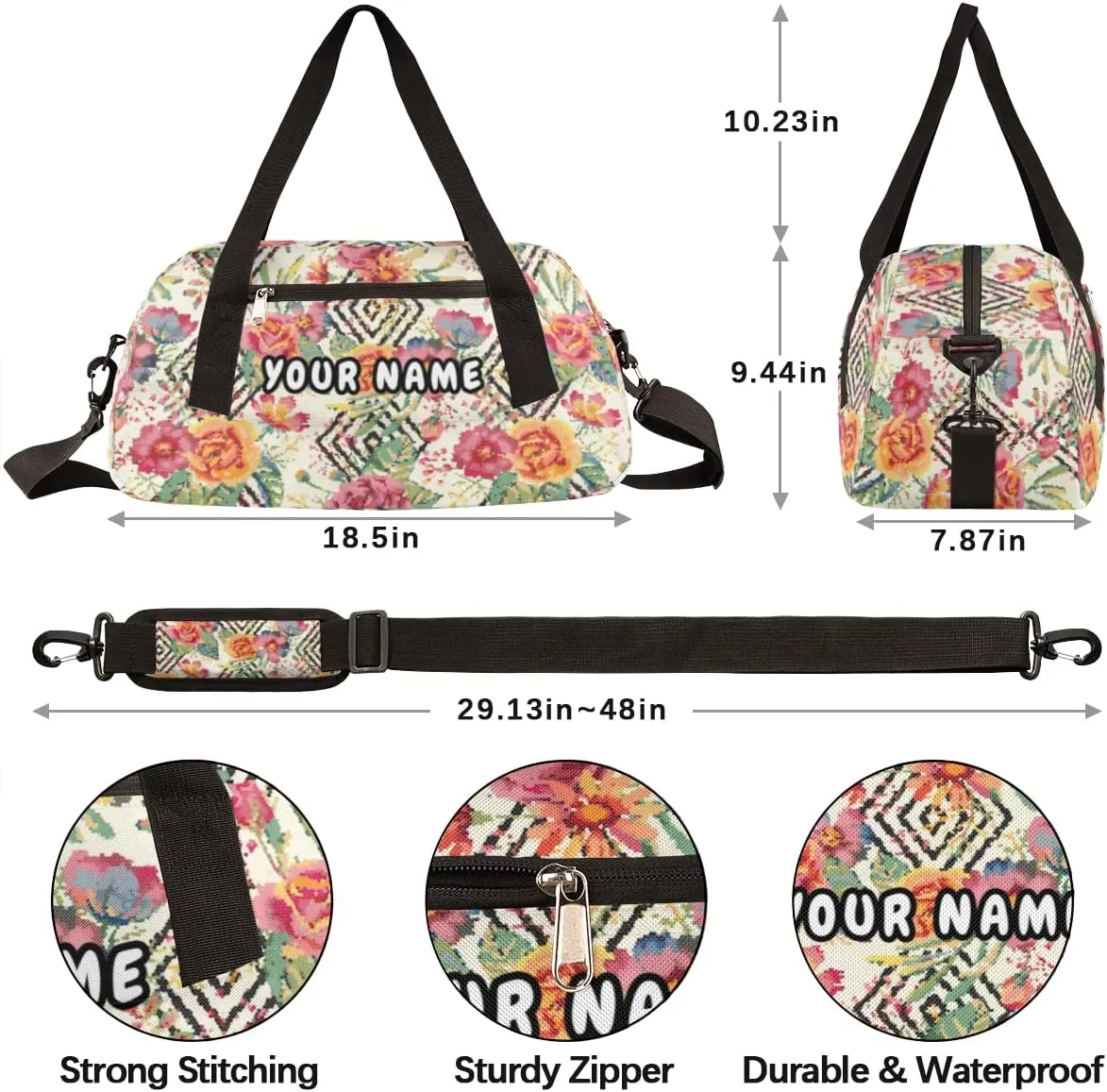 Floral Pattern Personalized Kids Duffel Bag for Girls Boys, Flower Debris Custom Dance Bag Overnight Small Duffel Bag Carry On Weekend Sports Travel Bag for School Practice Gymnastics Ballet