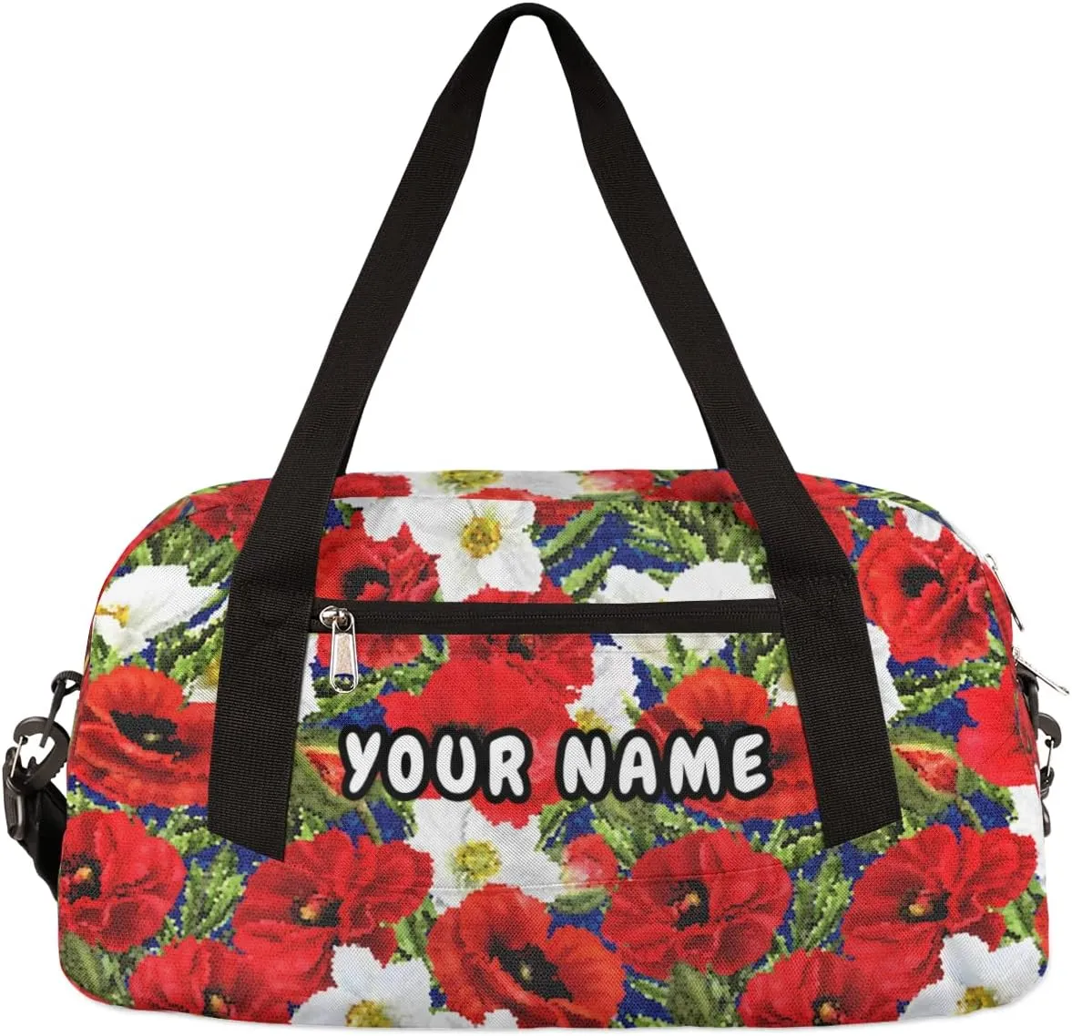Floral Poppies Leaves Personalized Kids Duffel Bag for Girls Boys, Flower Debris Custom Dance Bag Overnight Small Duffel Bag Carry On Weekend Sports Travel Bag for School Practice Gymnastics Ballet