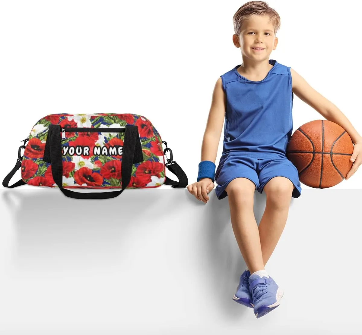 Floral Poppies Leaves Personalized Kids Duffel Bag for Girls Boys, Flower Debris Custom Dance Bag Overnight Small Duffel Bag Carry On Weekend Sports Travel Bag for School Practice Gymnastics Ballet