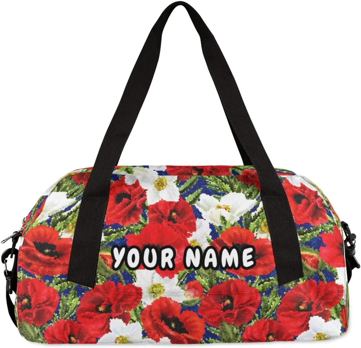 Floral Poppies Leaves Personalized Kids Duffel Bag for Girls Boys, Flower Debris Custom Dance Bag Overnight Small Duffel Bag Carry On Weekend Sports Travel Bag for School Practice Gymnastics Ballet