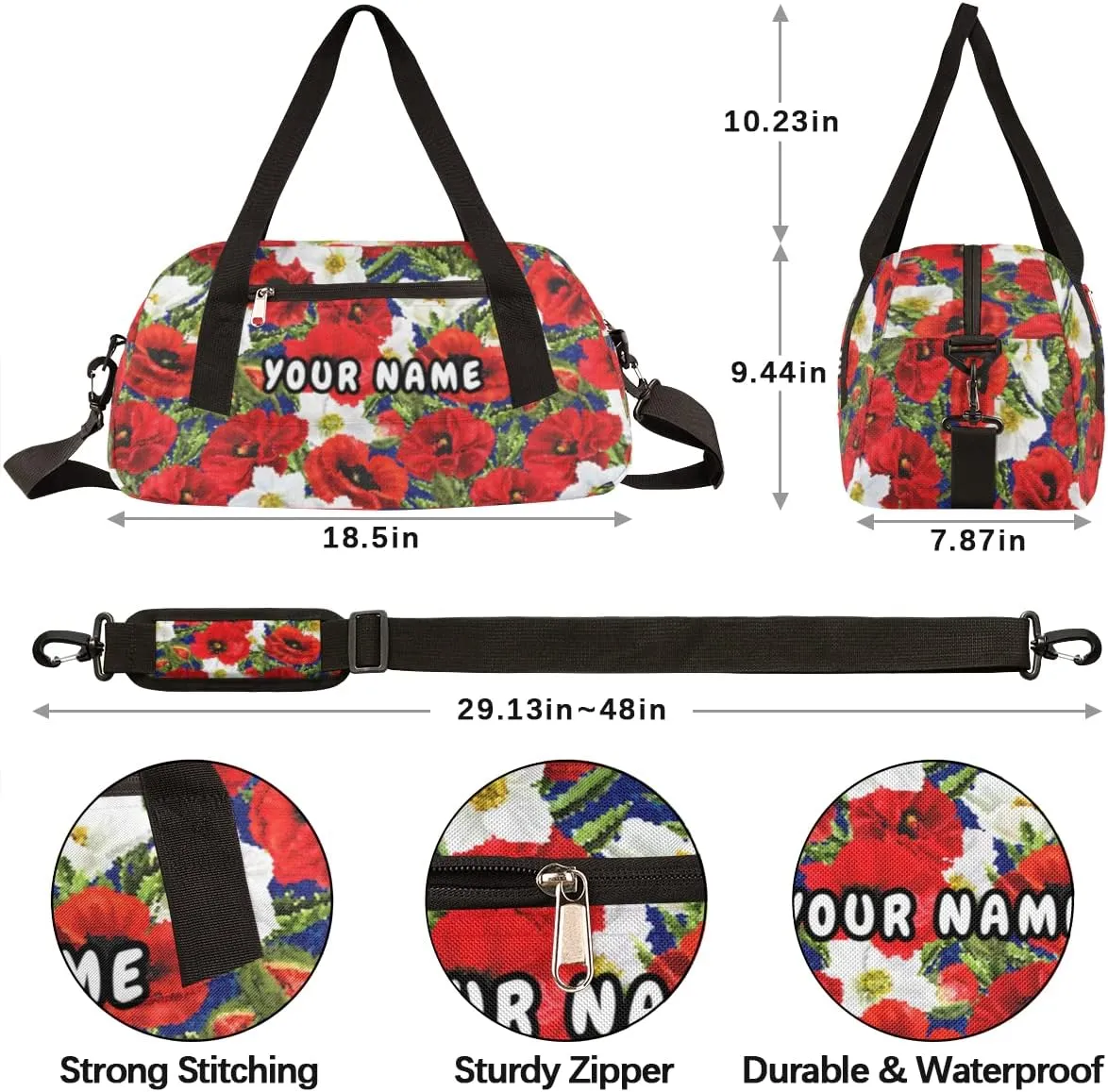 Floral Poppies Leaves Personalized Kids Duffel Bag for Girls Boys, Flower Debris Custom Dance Bag Overnight Small Duffel Bag Carry On Weekend Sports Travel Bag for School Practice Gymnastics Ballet