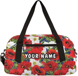 Floral Poppies Leaves Personalized Kids Duffel Bag for Girls Boys, Flower Debris Custom Dance Bag Overnight Small Duffel Bag Carry On Weekend Sports Travel Bag for School Practice Gymnastics Ballet