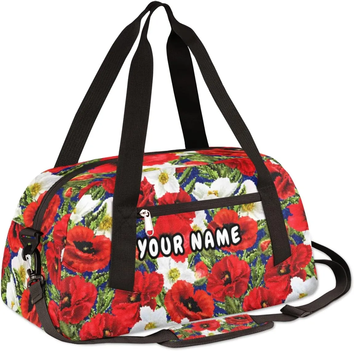 Floral Poppies Leaves Personalized Kids Duffel Bag for Girls Boys, Flower Debris Custom Dance Bag Overnight Small Duffel Bag Carry On Weekend Sports Travel Bag for School Practice Gymnastics Ballet