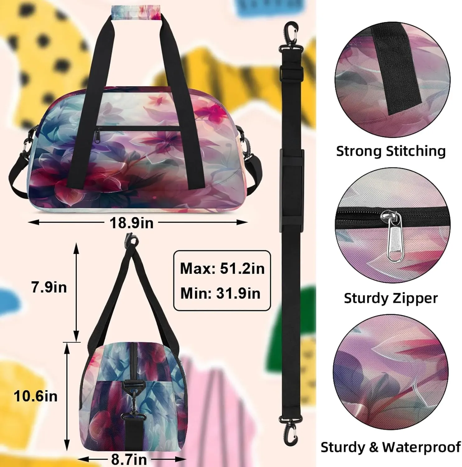 Floral Spring Flower Small Gym Bag 18 inch Carry On Duffel Bag for Weekender Travel Sports Workout Yoga Gymnastics Dance Ballet