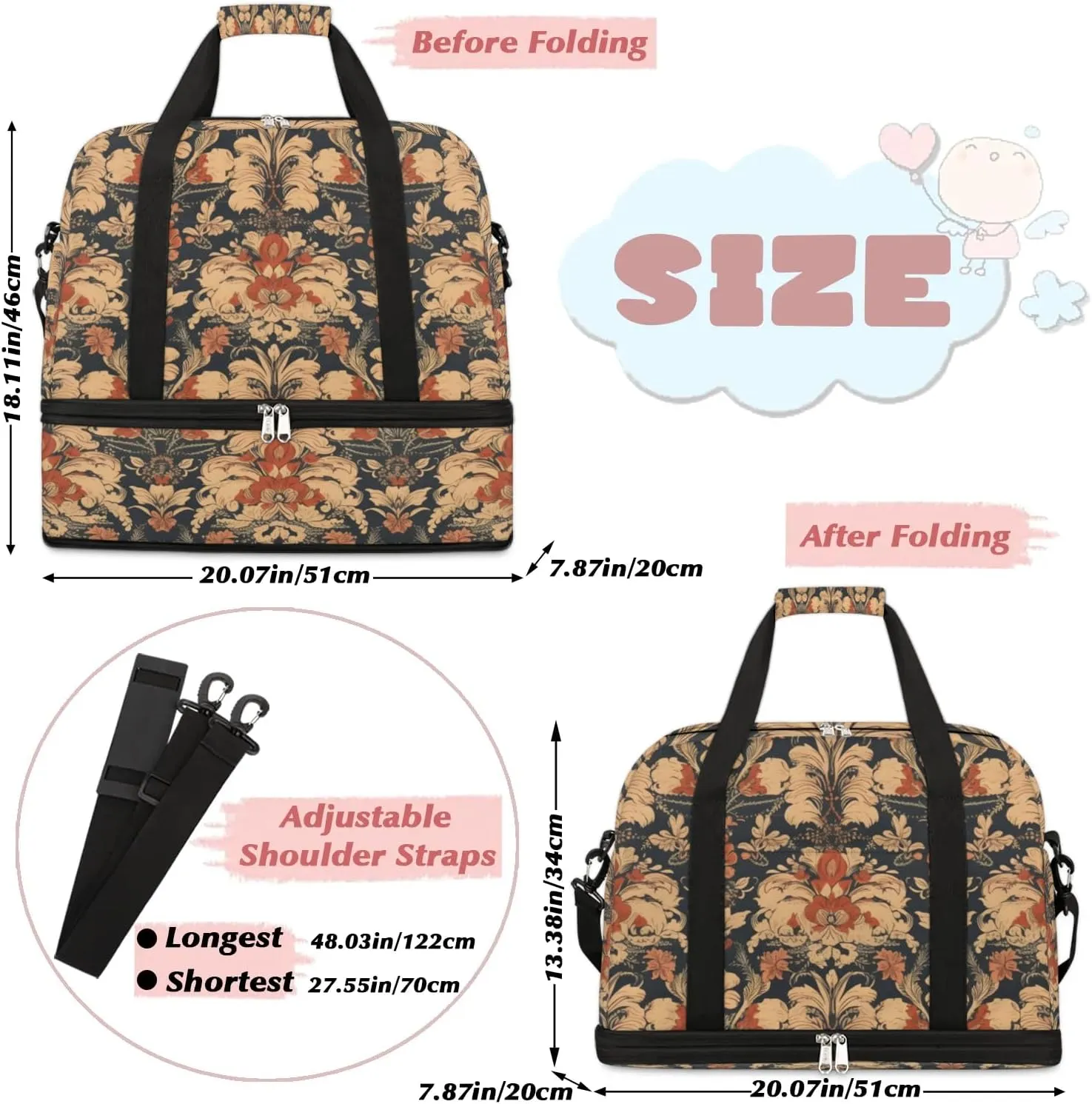 Flower Retro Boho Dark Travel Duffle Bag, Collapsible Travel Bag Sports Gym Bag With Shoes Compartment Weekender Bag Overnight Bag For Women Men