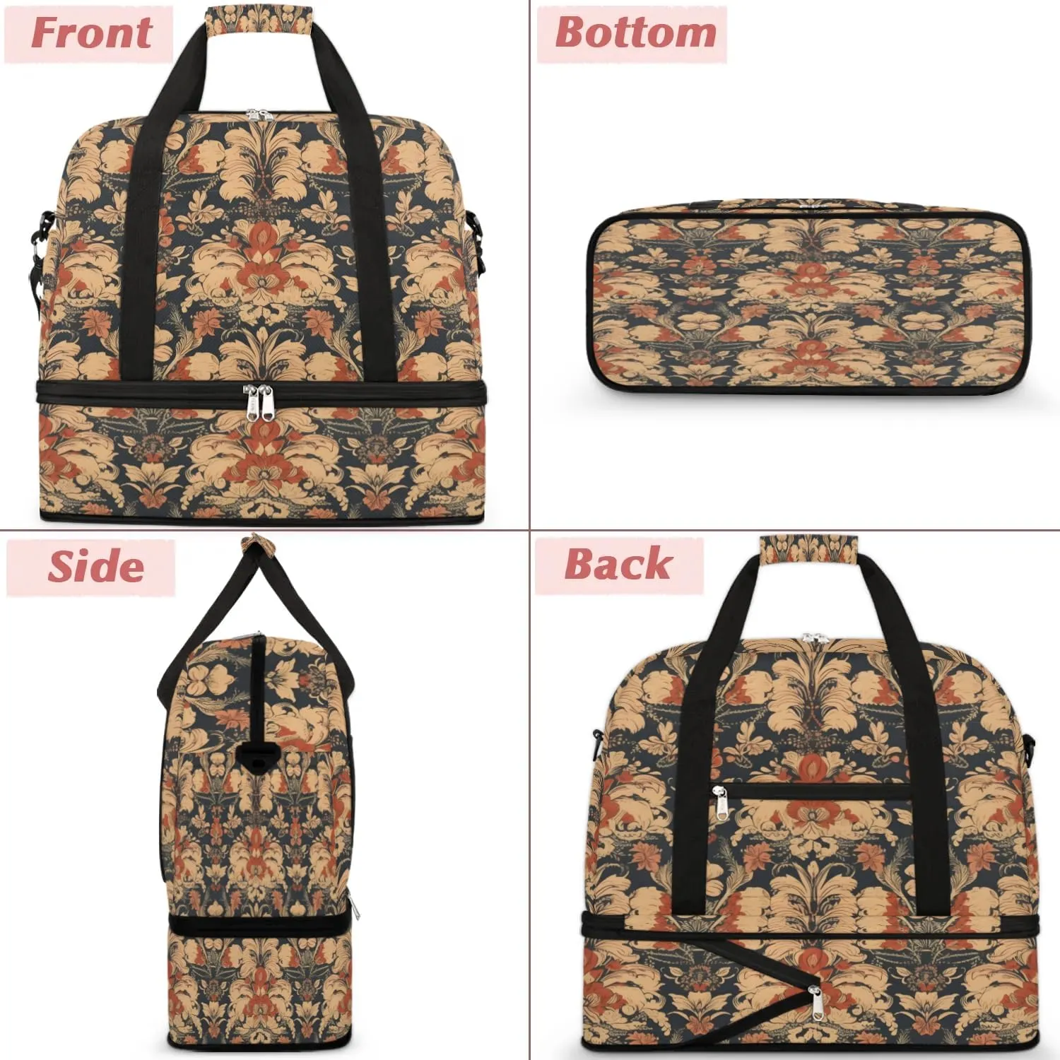Flower Retro Boho Dark Travel Duffle Bag, Collapsible Travel Bag Sports Gym Bag With Shoes Compartment Weekender Bag Overnight Bag For Women Men