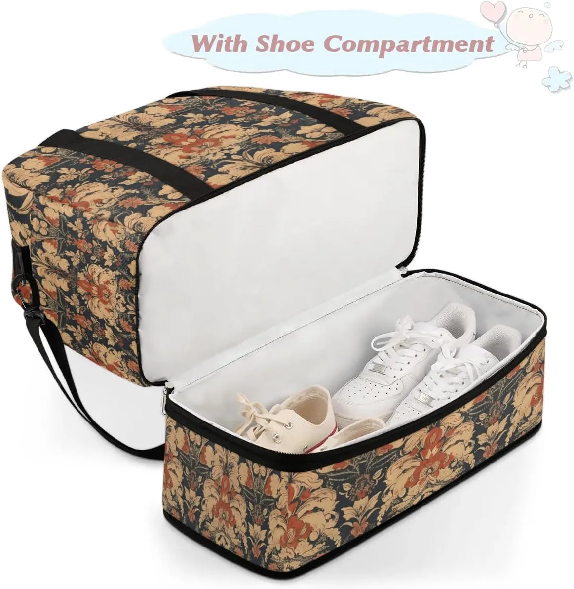 Flower Retro Boho Dark Travel Duffle Bag, Collapsible Travel Bag Sports Gym Bag With Shoes Compartment Weekender Bag Overnight Bag For Women Men
