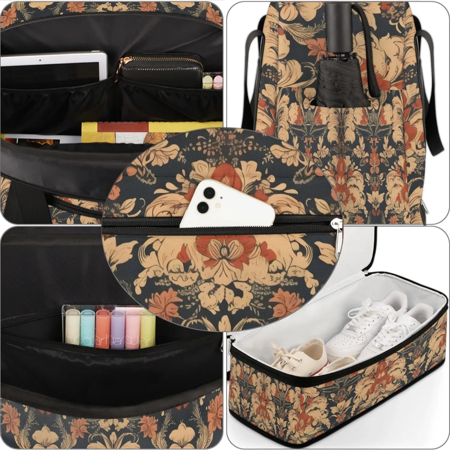 Flower Retro Boho Dark Travel Duffle Bag, Collapsible Travel Bag Sports Gym Bag With Shoes Compartment Weekender Bag Overnight Bag For Women Men