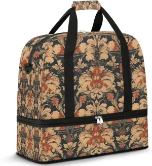 Flower Retro Boho Dark Travel Duffle Bag, Collapsible Travel Bag Sports Gym Bag With Shoes Compartment Weekender Bag Overnight Bag For Women Men