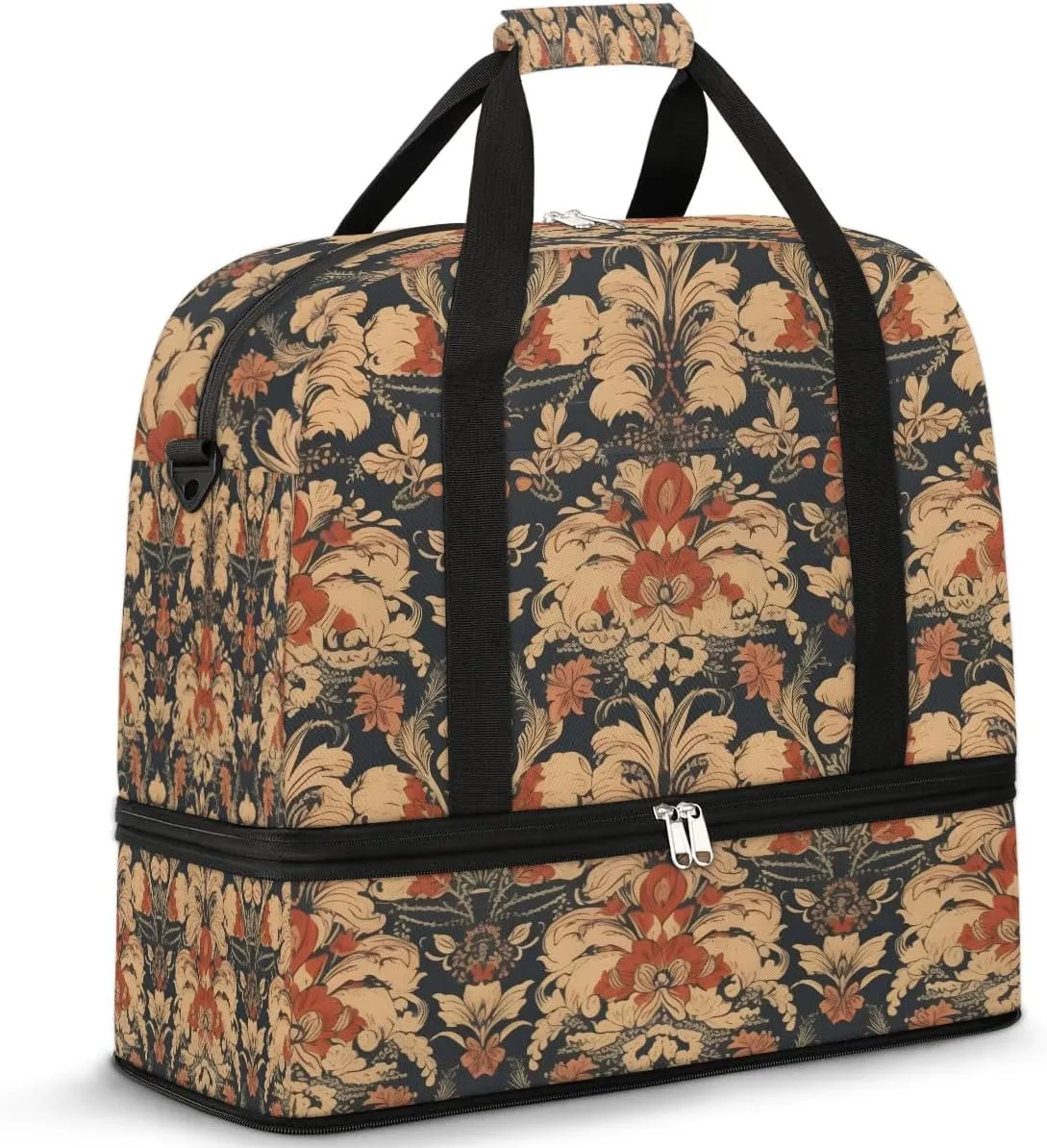 Flower Retro Boho Dark Travel Duffle Bag, Collapsible Travel Bag Sports Gym Bag With Shoes Compartment Weekender Bag Overnight Bag For Women Men