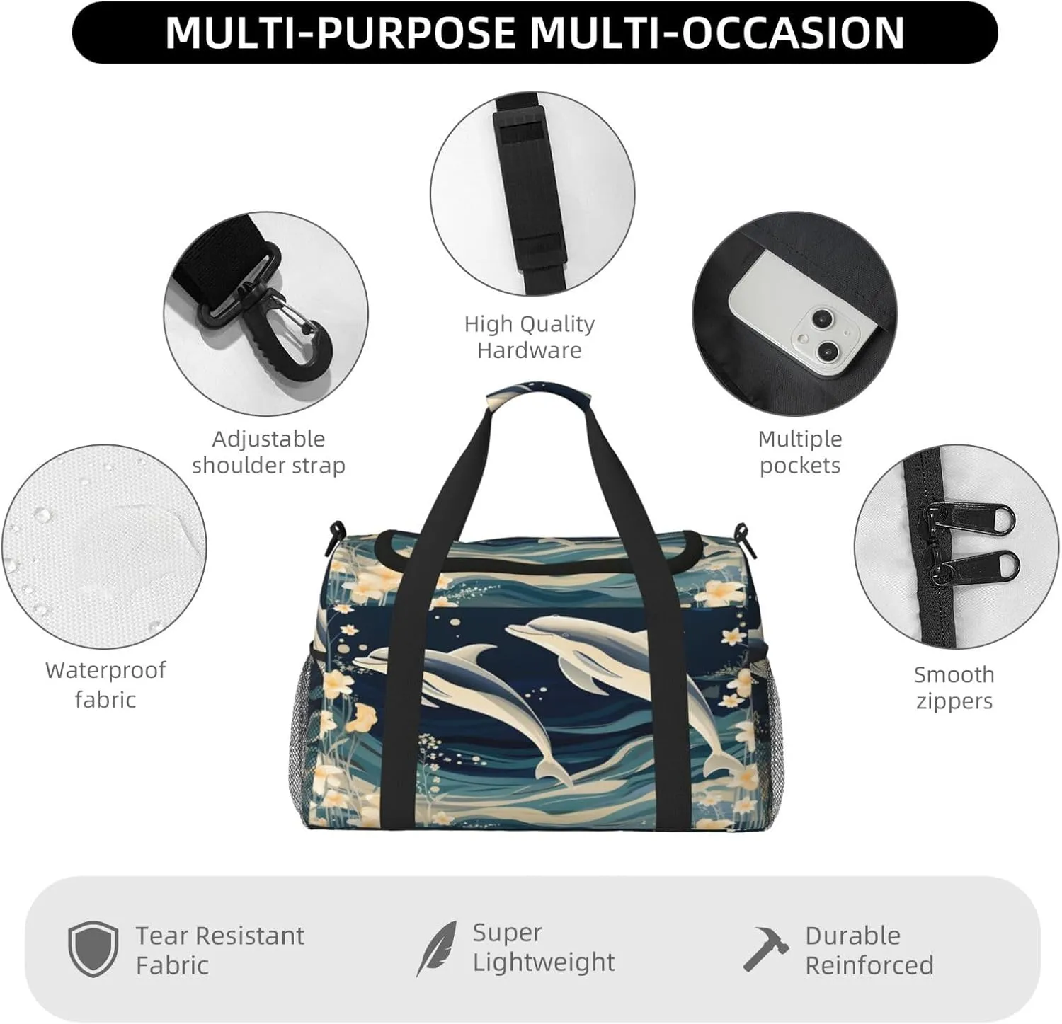 Flowr Dolphin Travel Duffel Bag with Strap Multi Pockets Sports Bag Handbag Large Shoulder Bag for Gym Weekend Fitness Camping