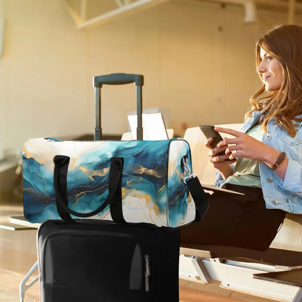 Foldable Travel Bag Blue Marble Style Lightweight Carry On Bags for Airplanes Waterproof Travel Duffle Bag For Gym Weekend Overnight