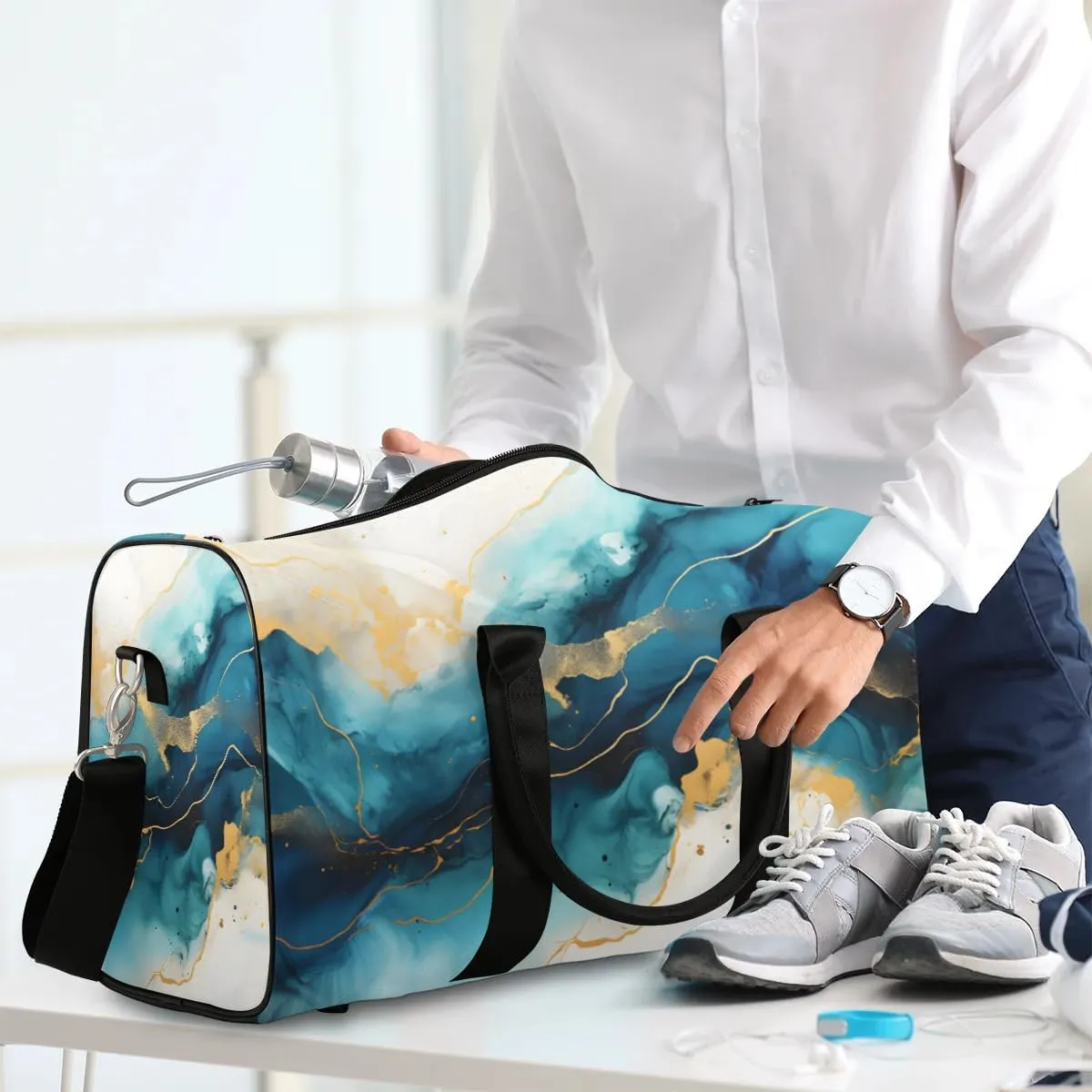 Foldable Travel Bag Blue Marble Style Lightweight Carry On Bags for Airplanes Waterproof Travel Duffle Bag For Gym Weekend Overnight
