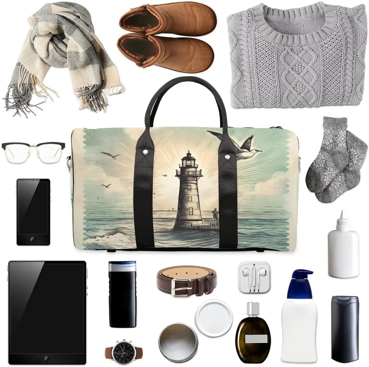 Foldable Travel Bag Seagull Lighthouse Lightweight Carry On Bags for Airplanes Waterproof Travel Duffle Bag For Gym Weekend Overnight