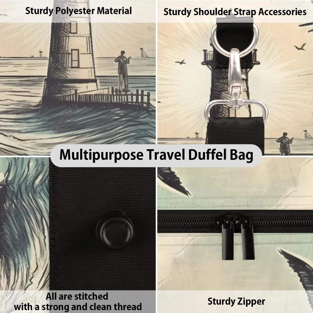 Foldable Travel Bag Seagull Lighthouse Lightweight Carry On Bags for Airplanes Waterproof Travel Duffle Bag For Gym Weekend Overnight