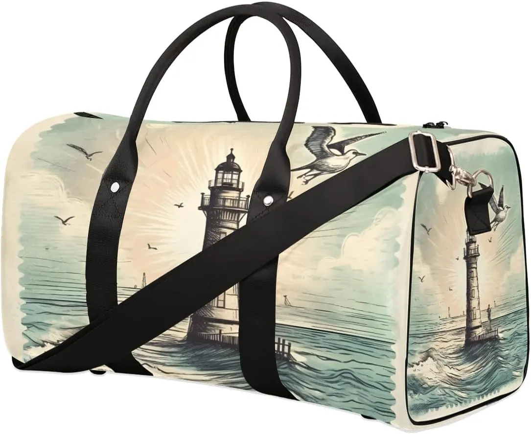 Foldable Travel Bag Seagull Lighthouse Lightweight Carry On Bags for Airplanes Waterproof Travel Duffle Bag For Gym Weekend Overnight
