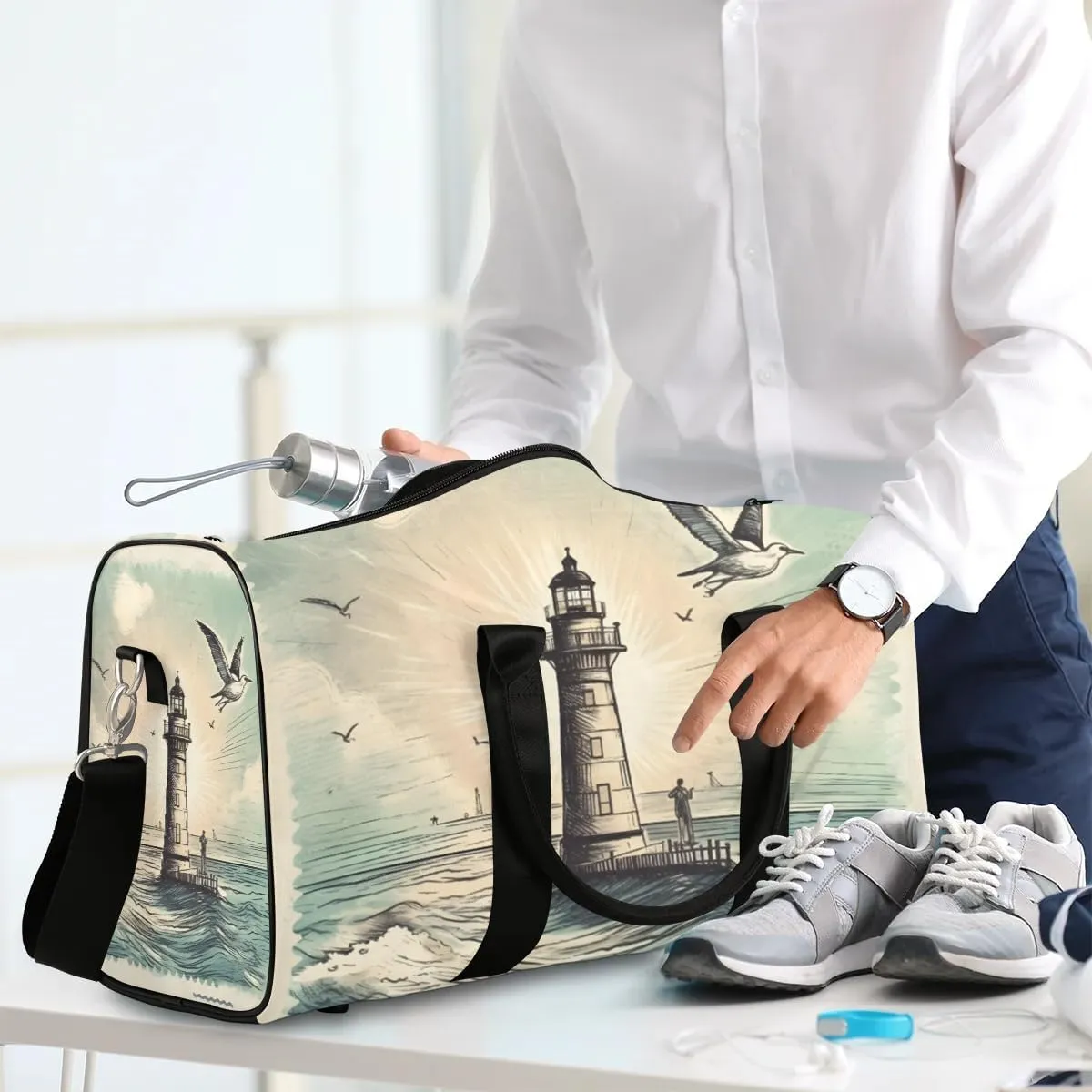 Foldable Travel Bag Seagull Lighthouse Lightweight Carry On Bags for Airplanes Waterproof Travel Duffle Bag For Gym Weekend Overnight