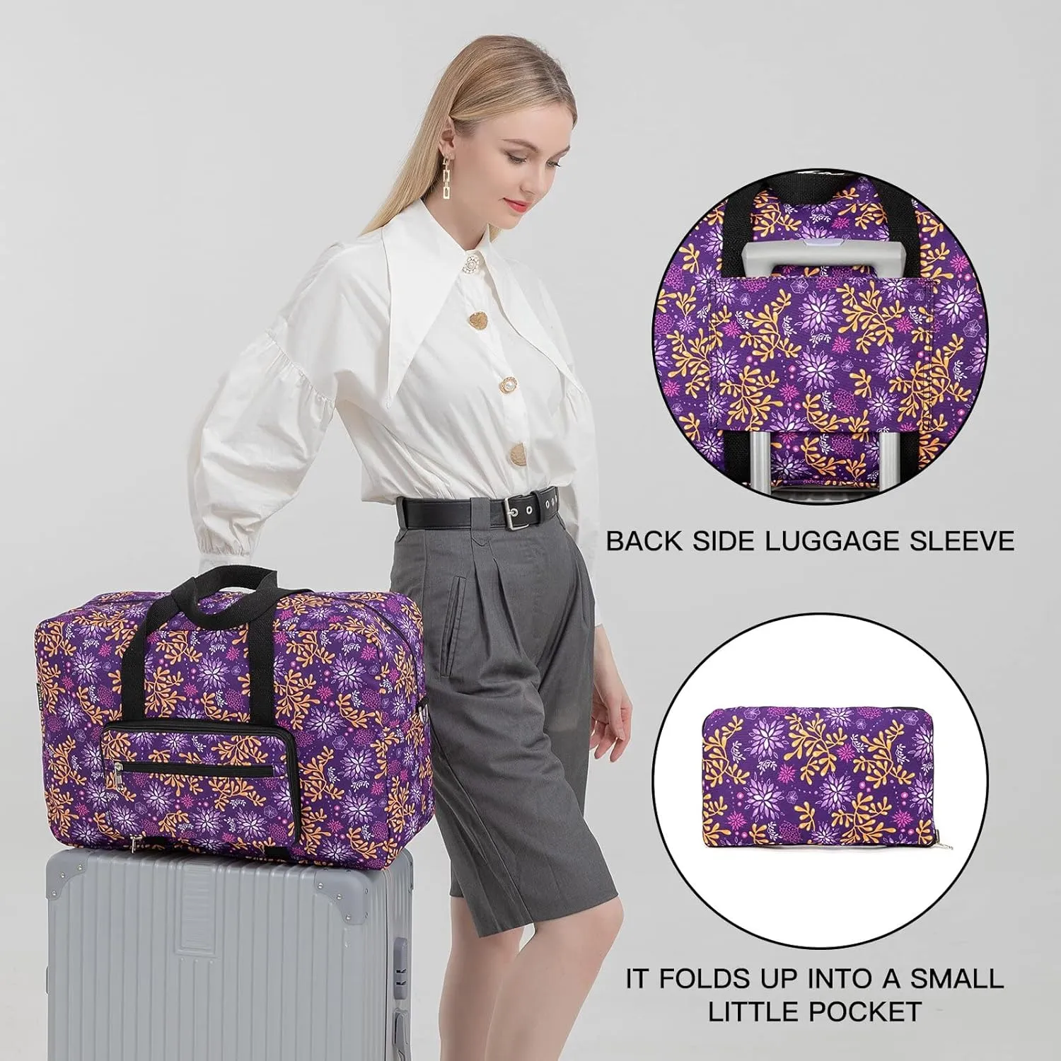 Foldable Travel Duffel Bag, Medium Women's Weekender and Overnight bag carry on Luggage bag for Women(Purple Outlook)