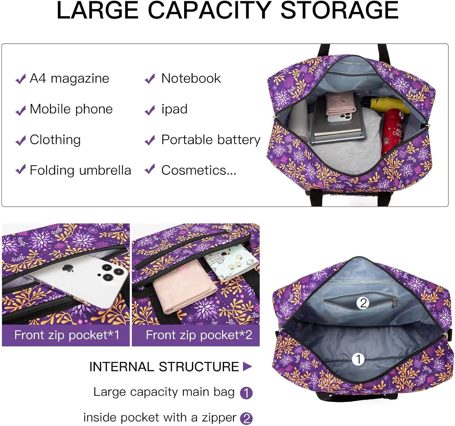 Foldable Travel Duffel Bag, Medium Women's Weekender and Overnight bag carry on Luggage bag for Women(Purple Outlook)