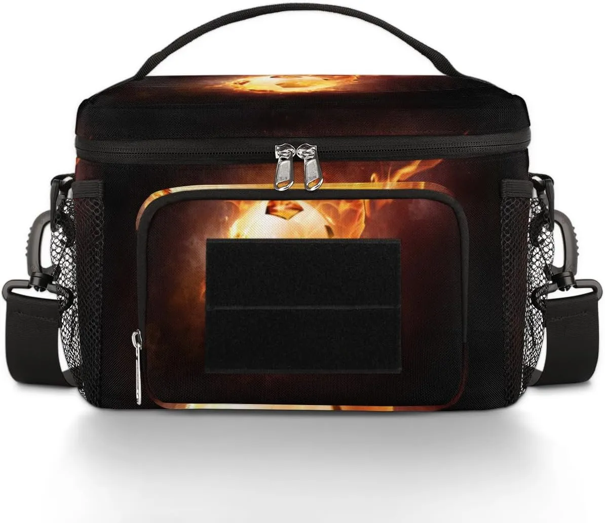 Football Fire Flames Burn Tactical Lunch Box for Men Insulated Lunch Bag Durable Leakproof Cooler Bag with Shoulder Strap and Sturdy Handle for Work Outdoor Picnic Trips