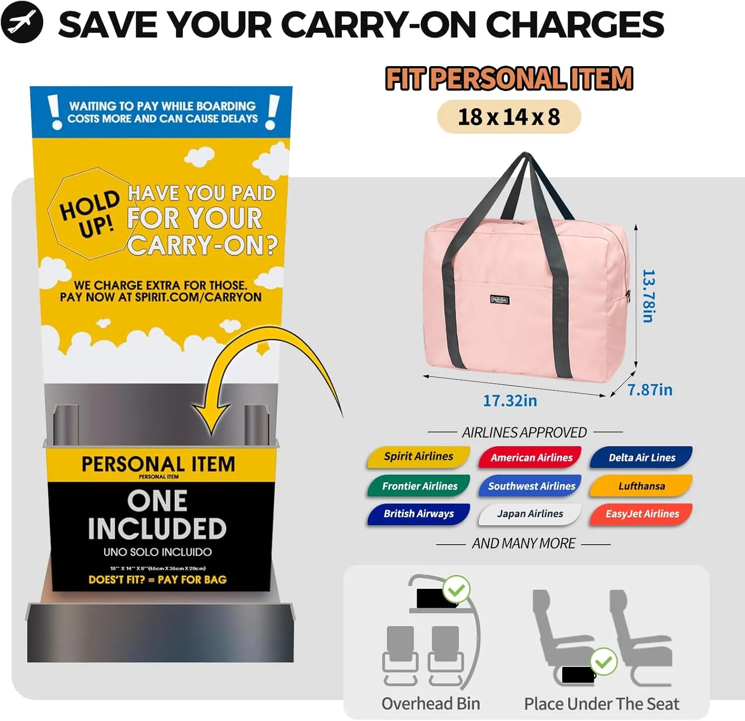 For Frontier Airlines Personal Item Bag 18x14x8 Underseat Travel Duffel Bag Carry on Luggage for Women and Men 30L (With Shoulder Strap)
