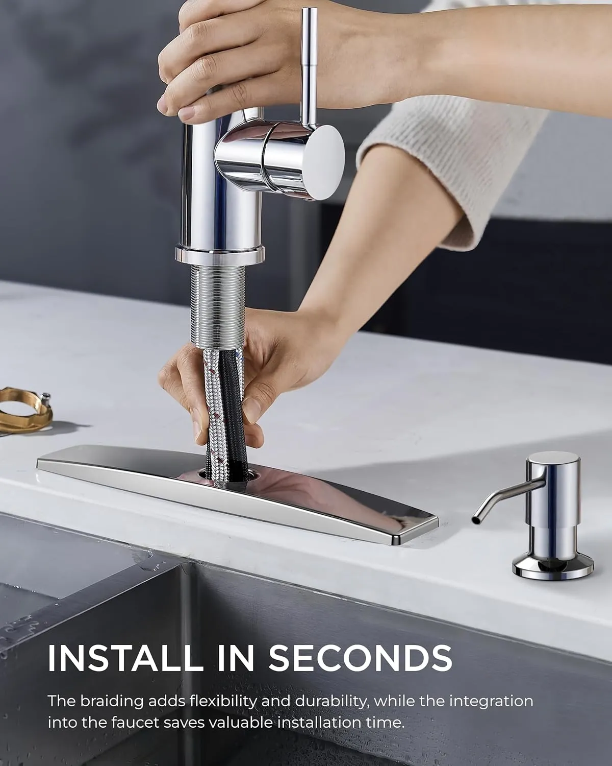 FORIOUS Kitchen Faucets with Soap Dispenser and Pull Down Sprayer, Chrome, High Arc Single Handle Classic 3 Modes Stainless Steel Faucet for Kitchen Sink Farmhouse RV Bar Laundry Camper