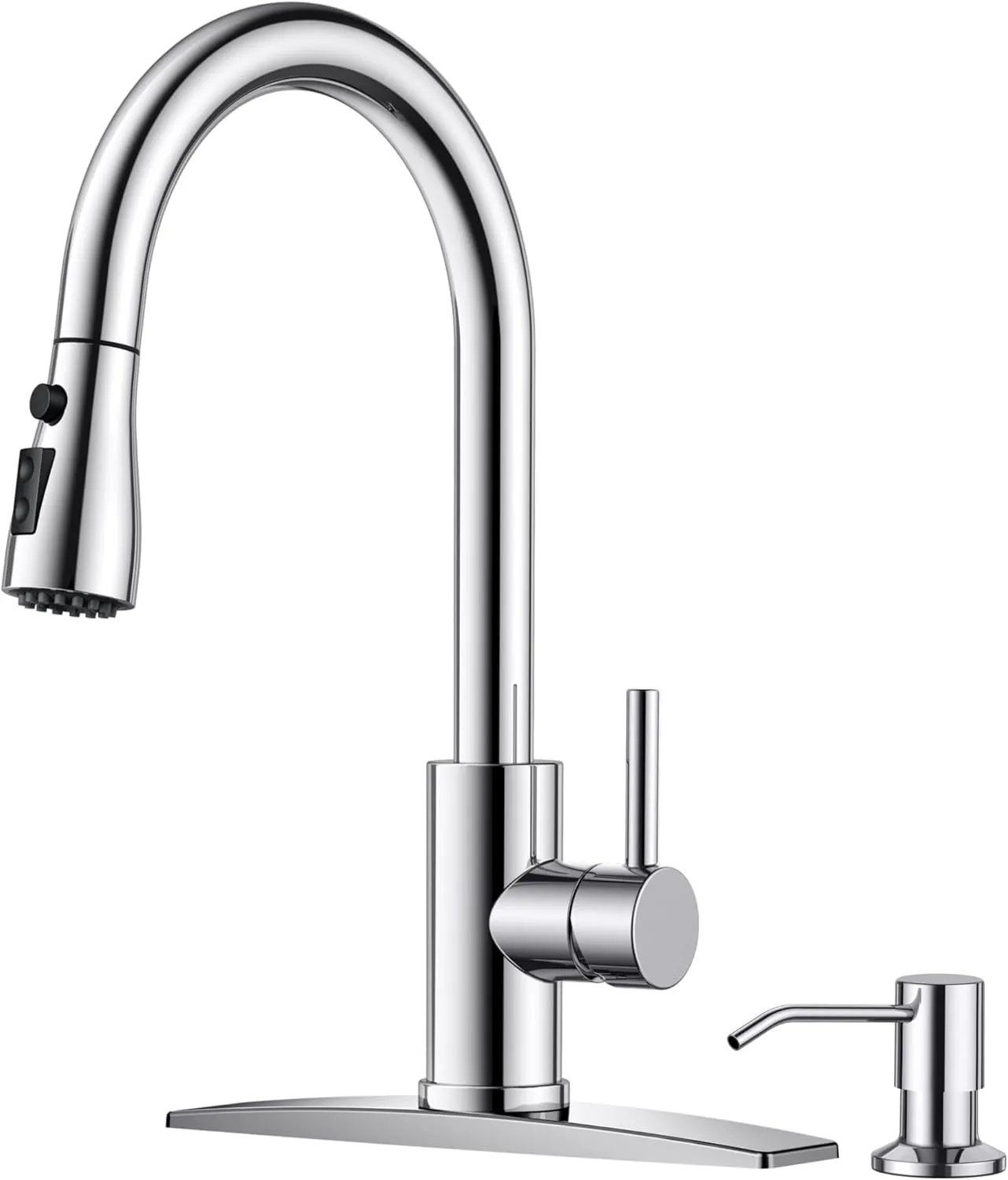 FORIOUS Kitchen Faucets with Soap Dispenser and Pull Down Sprayer, Chrome, High Arc Single Handle Classic 3 Modes Stainless Steel Faucet for Kitchen Sink Farmhouse RV Bar Laundry Camper
