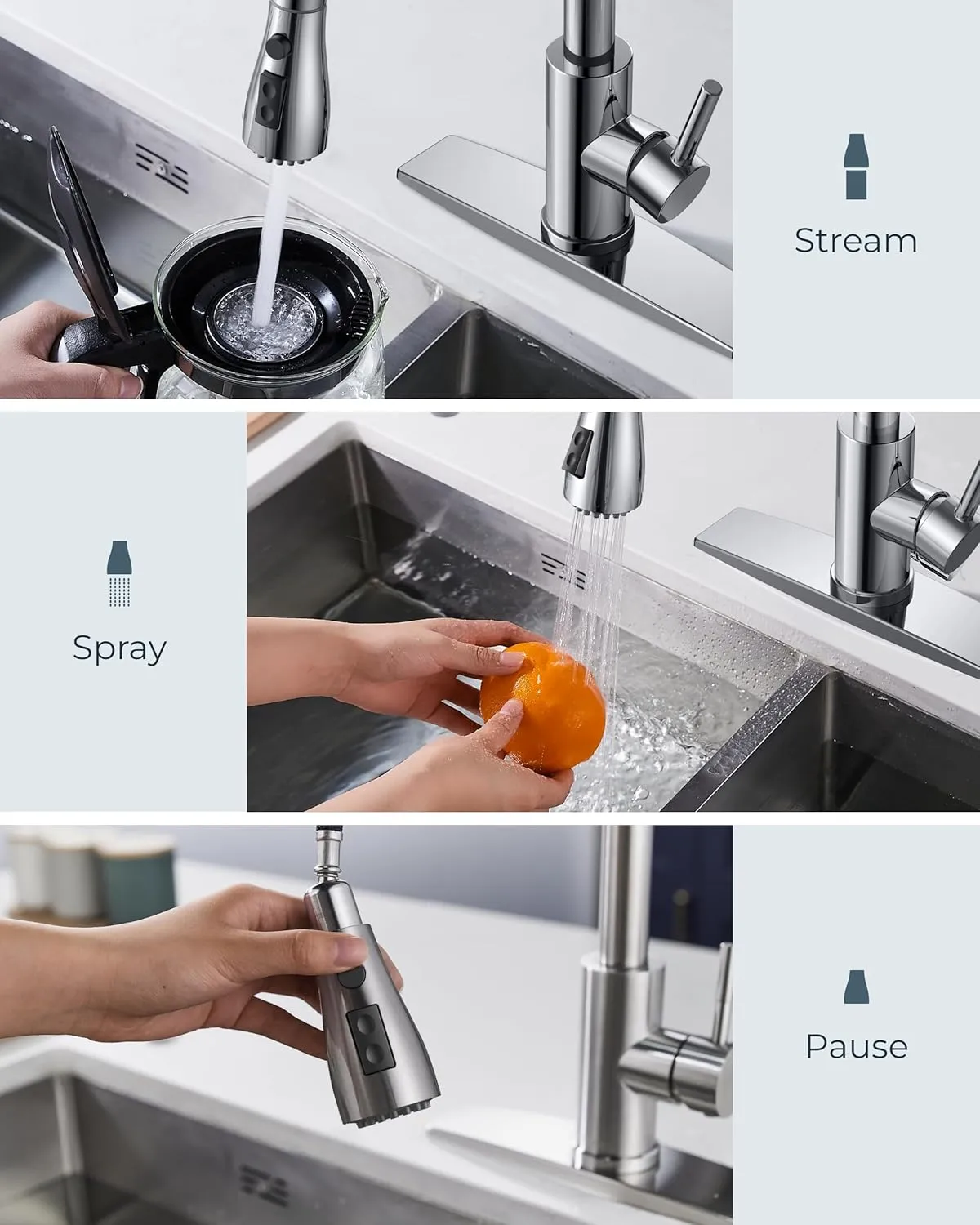 FORIOUS Kitchen Faucets with Soap Dispenser and Pull Down Sprayer, Chrome, High Arc Single Handle Classic 3 Modes Stainless Steel Faucet for Kitchen Sink Farmhouse RV Bar Laundry Camper