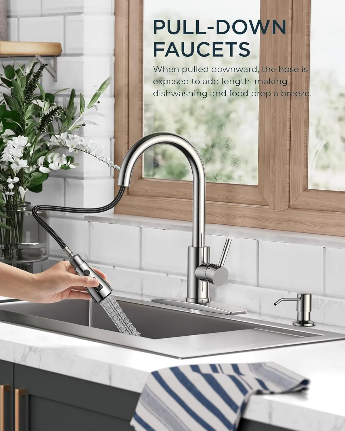 FORIOUS Kitchen Faucets with Soap Dispenser and Pull Down Sprayer, Chrome, High Arc Single Handle Classic 3 Modes Stainless Steel Faucet for Kitchen Sink Farmhouse RV Bar Laundry Camper