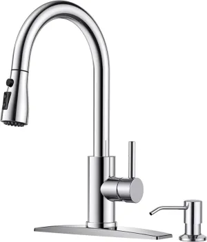 FORIOUS Kitchen Faucets with Soap Dispenser and Pull Down Sprayer, Chrome, High Arc Single Handle Classic 3 Modes Stainless Steel Faucet for Kitchen Sink Farmhouse RV Bar Laundry Camper