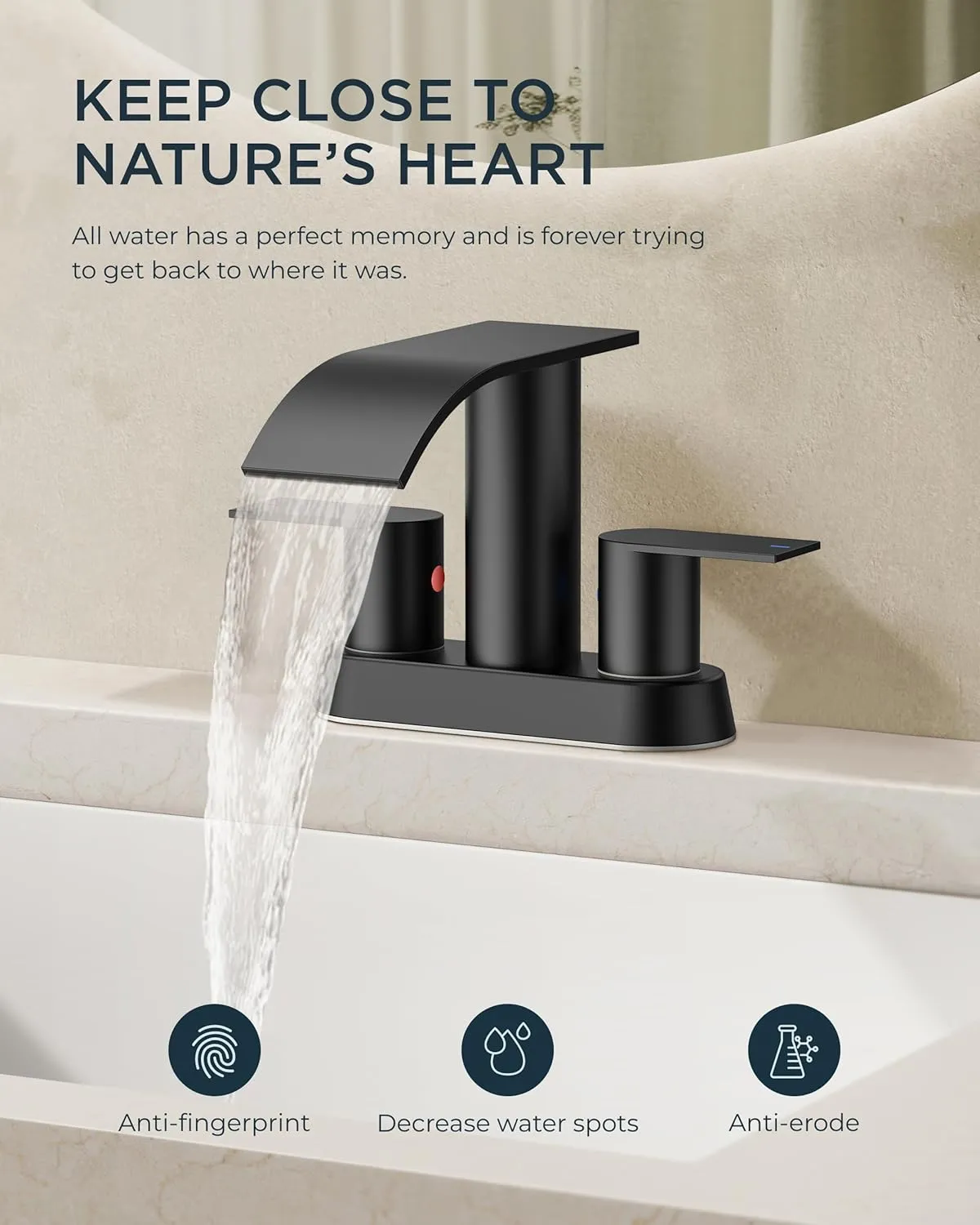 FORIOUS Matte Black Bathroom Sink Faucet, Waterfall 4 Inch Centerset Bathroom Faucets with Metal Pop up Drain and cUPC Hose for Basin,Vanity, Rv, Lavatory 2 or 3 Hole Sink