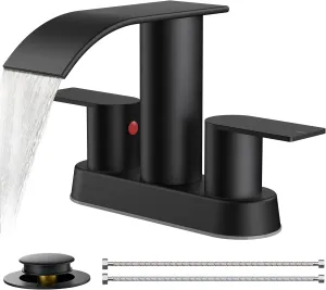 FORIOUS Matte Black Bathroom Sink Faucet, Waterfall 4 Inch Centerset Bathroom Faucets with Metal Pop up Drain and cUPC Hose for Basin,Vanity, Rv, Lavatory 2 or 3 Hole Sink