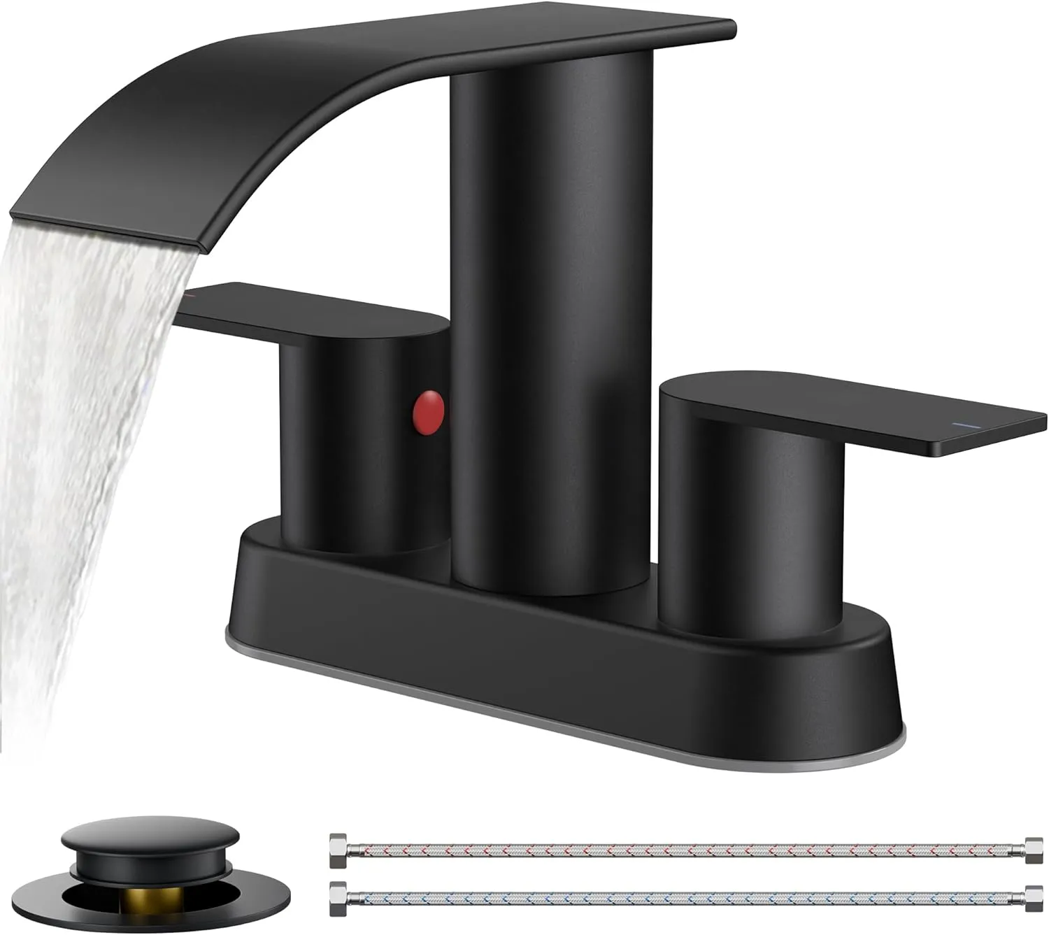FORIOUS Matte Black Bathroom Sink Faucet, Waterfall 4 Inch Centerset Bathroom Faucets with Metal Pop up Drain and cUPC Hose for Basin,Vanity, Rv, Lavatory 2 or 3 Hole Sink