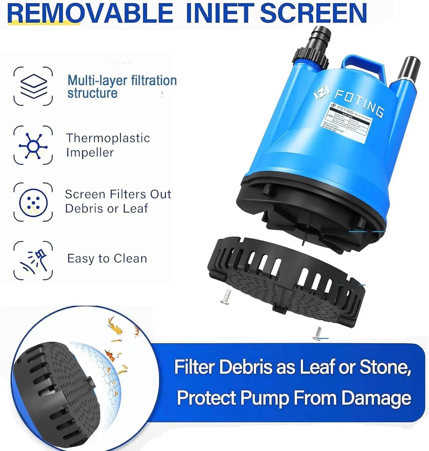 FOTING 1/4HP Portable Utility Pump Submersible Small Backup Sump Pump Draining pump to Remove Water from Flooding House Basement Pool Tankless Heater Flushing Pump with 10-Foot Cord SUB 1676