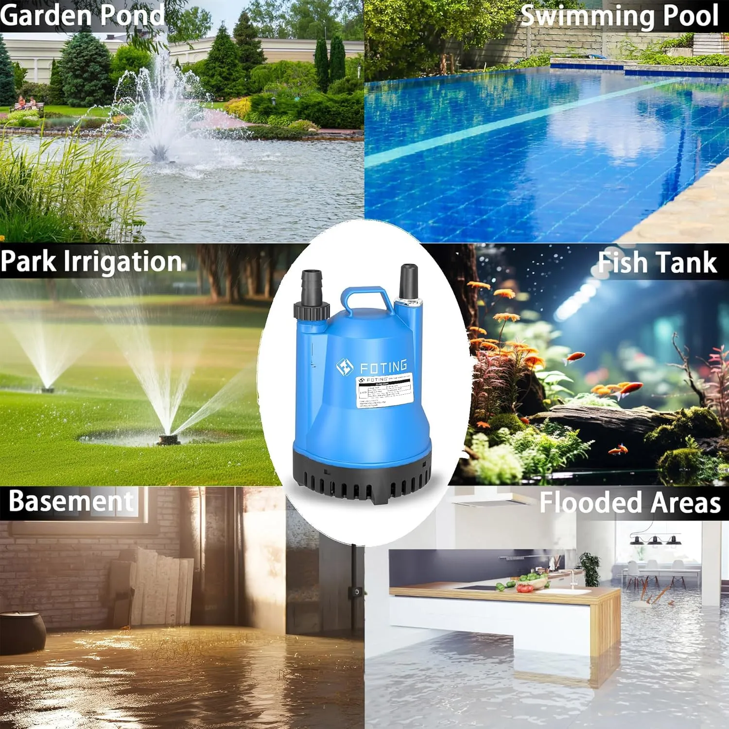 FOTING 1/4HP Portable Utility Pump Submersible Small Backup Sump Pump Draining pump to Remove Water from Flooding House Basement Pool Tankless Heater Flushing Pump with 10-Foot Cord SUB 1676