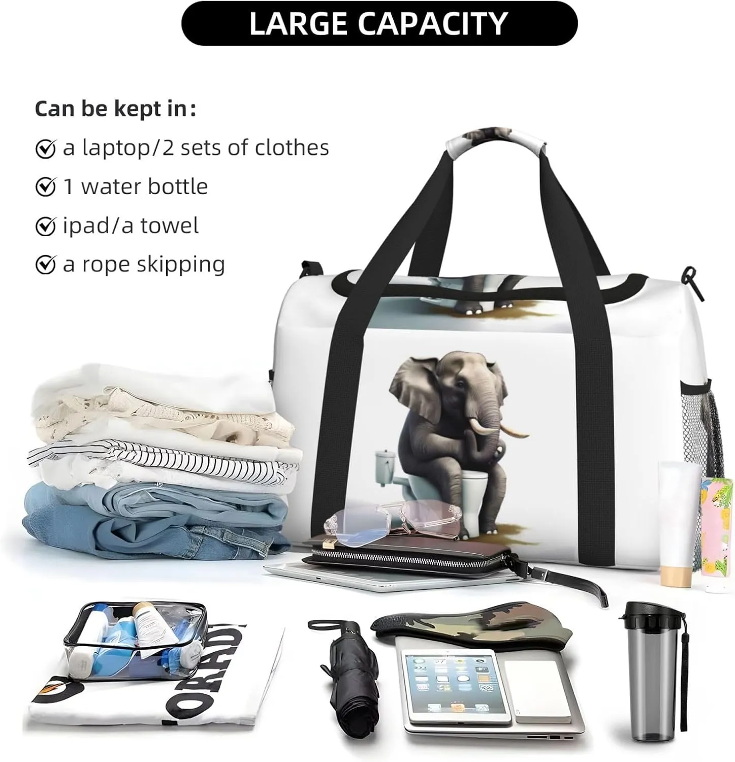 Funny Animal Toilet Big Capacity Sports Gym Bag Portable Travel Duffle Bag, Elephant Lightweight Weekender Workout Bag for Overnight, Unisex