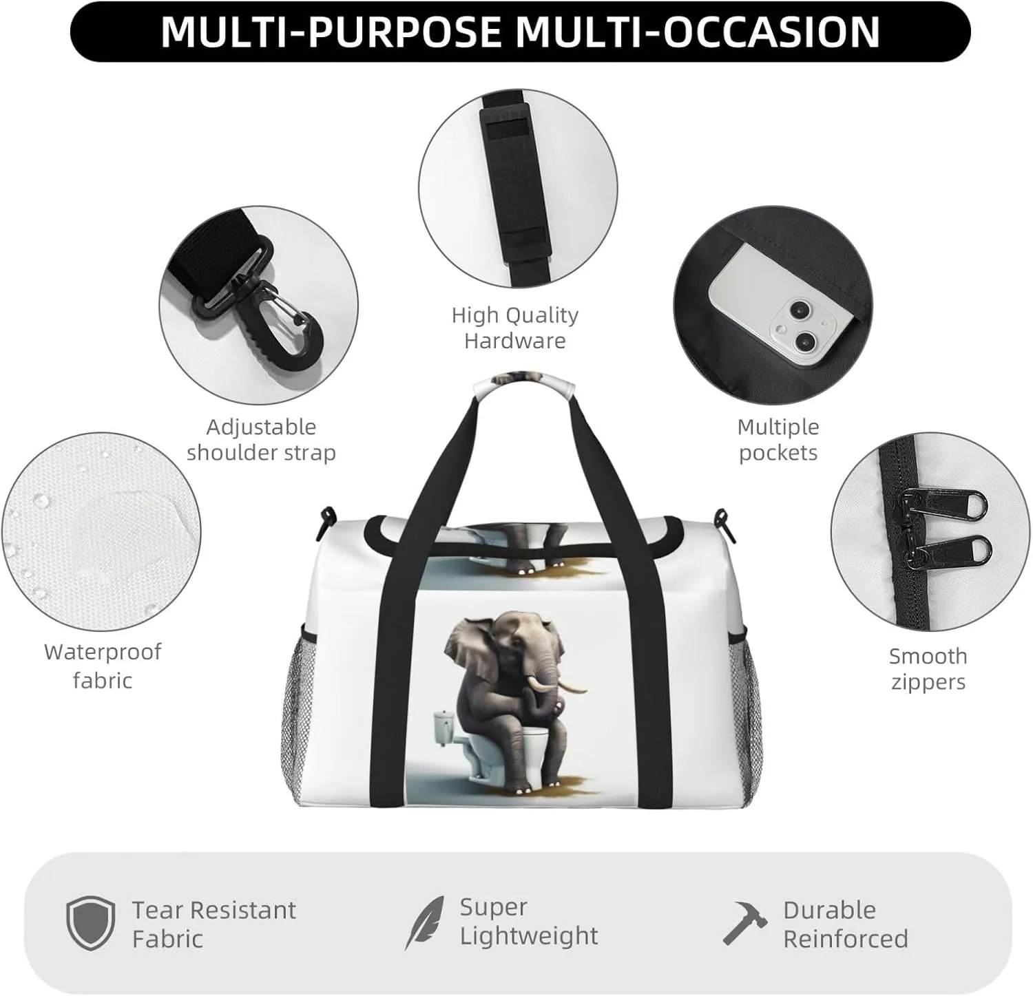 Funny Animal Toilet Big Capacity Sports Gym Bag Portable Travel Duffle Bag, Elephant Lightweight Weekender Workout Bag for Overnight, Unisex