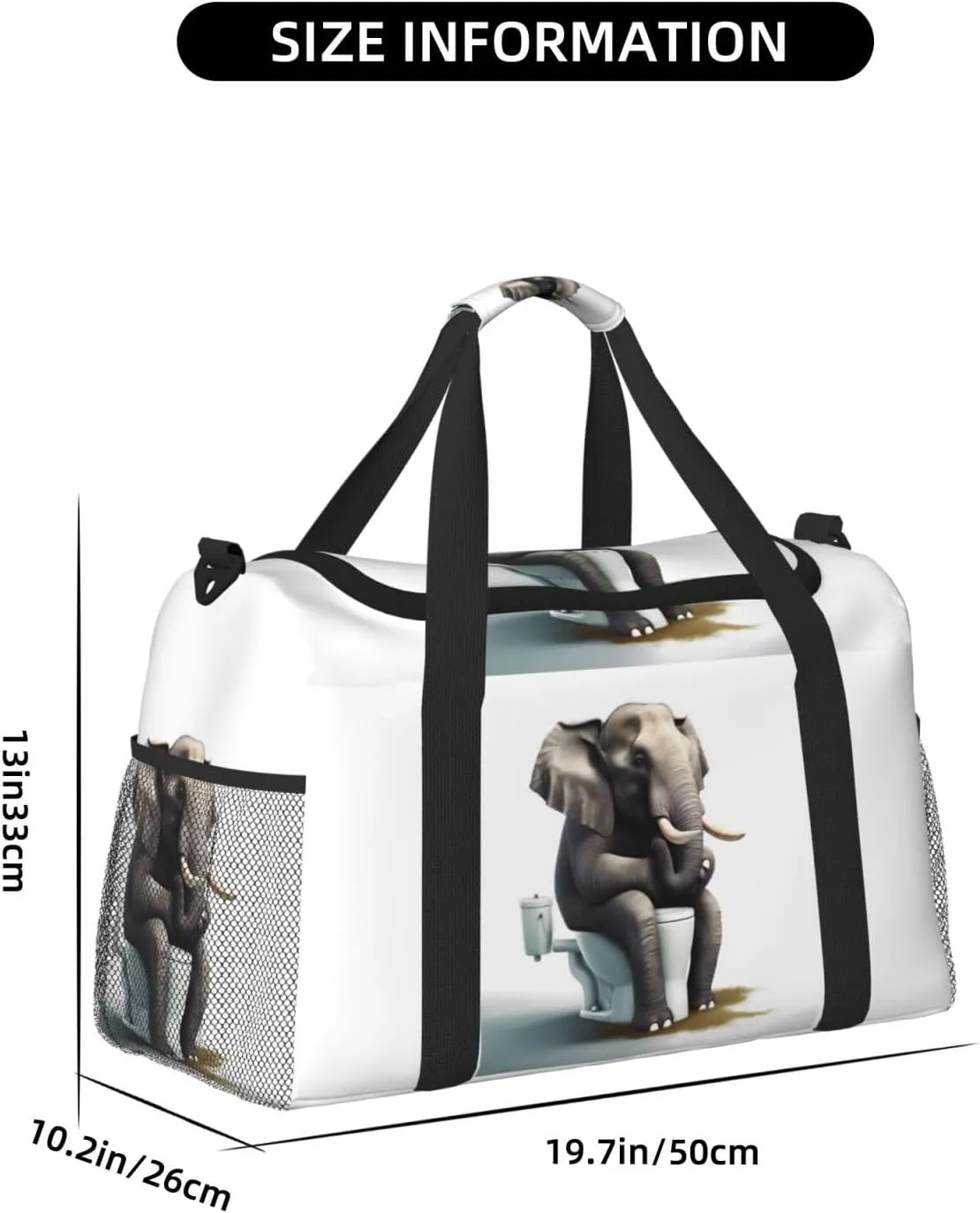 Funny Animal Toilet Big Capacity Sports Gym Bag Portable Travel Duffle Bag, Elephant Lightweight Weekender Workout Bag for Overnight, Unisex