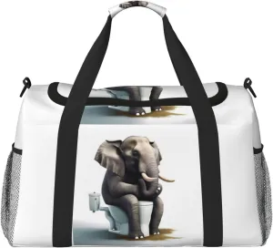 Funny Animal Toilet Big Capacity Sports Gym Bag Portable Travel Duffle Bag, Elephant Lightweight Weekender Workout Bag for Overnight, Unisex