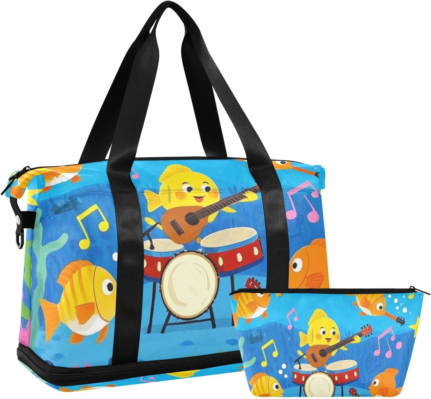 Funny Ocean Music Concert Fish Blue Gym Duffel Bag Weekender Bag with Adjustable Strap for Workout Large Capacity