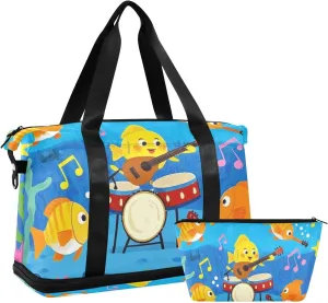 Funny Ocean Music Concert Fish Blue Gym Duffel Bag Weekender Bag with Adjustable Strap for Workout Large Capacity