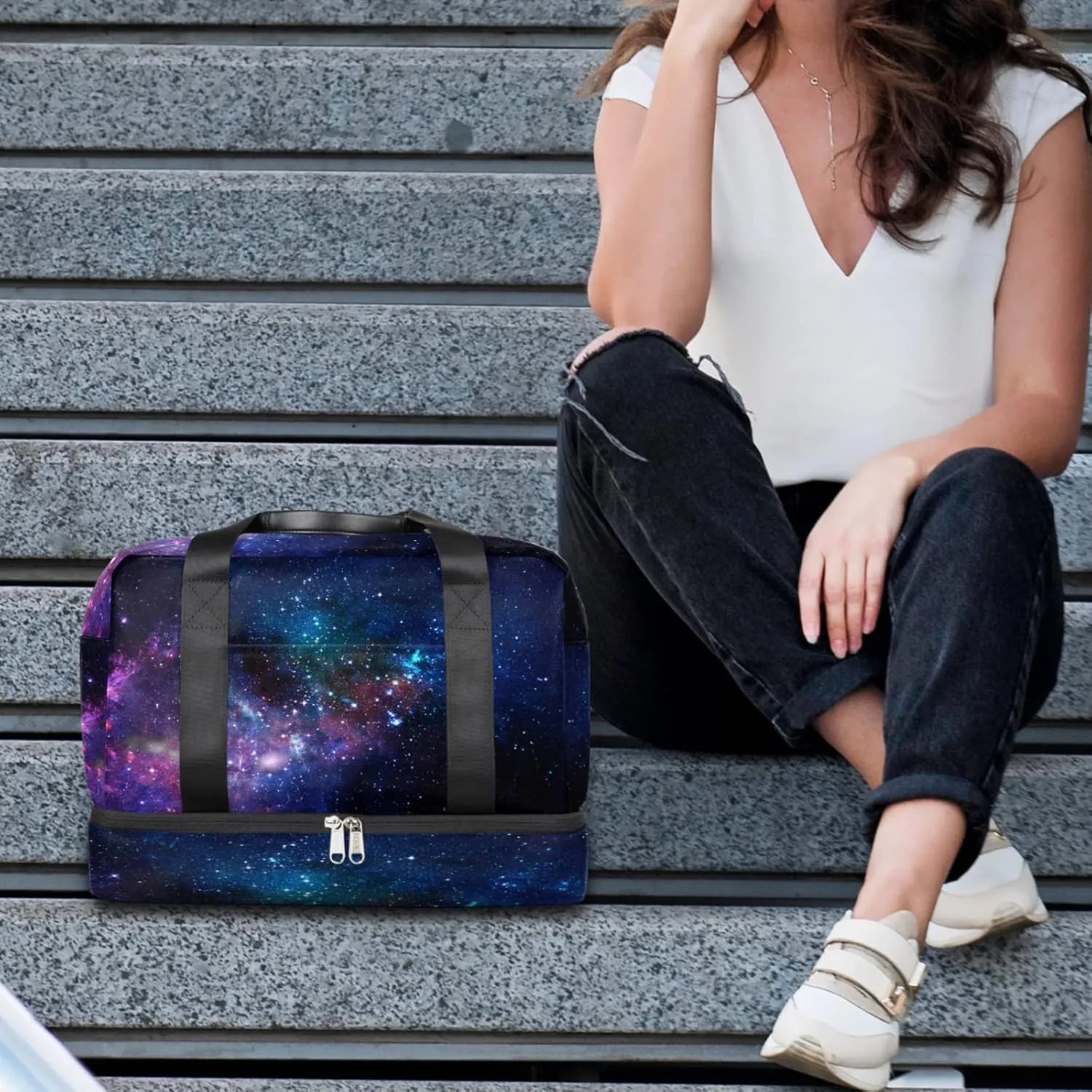 Galaxy Nebula Sports Gym Bag with Shoes Compartment,Universe Outer Space Stars Travel Duffel Bag for Men Women Boys Girls Teens Overnight Weekend Yoga Workout Bag Training Handbag