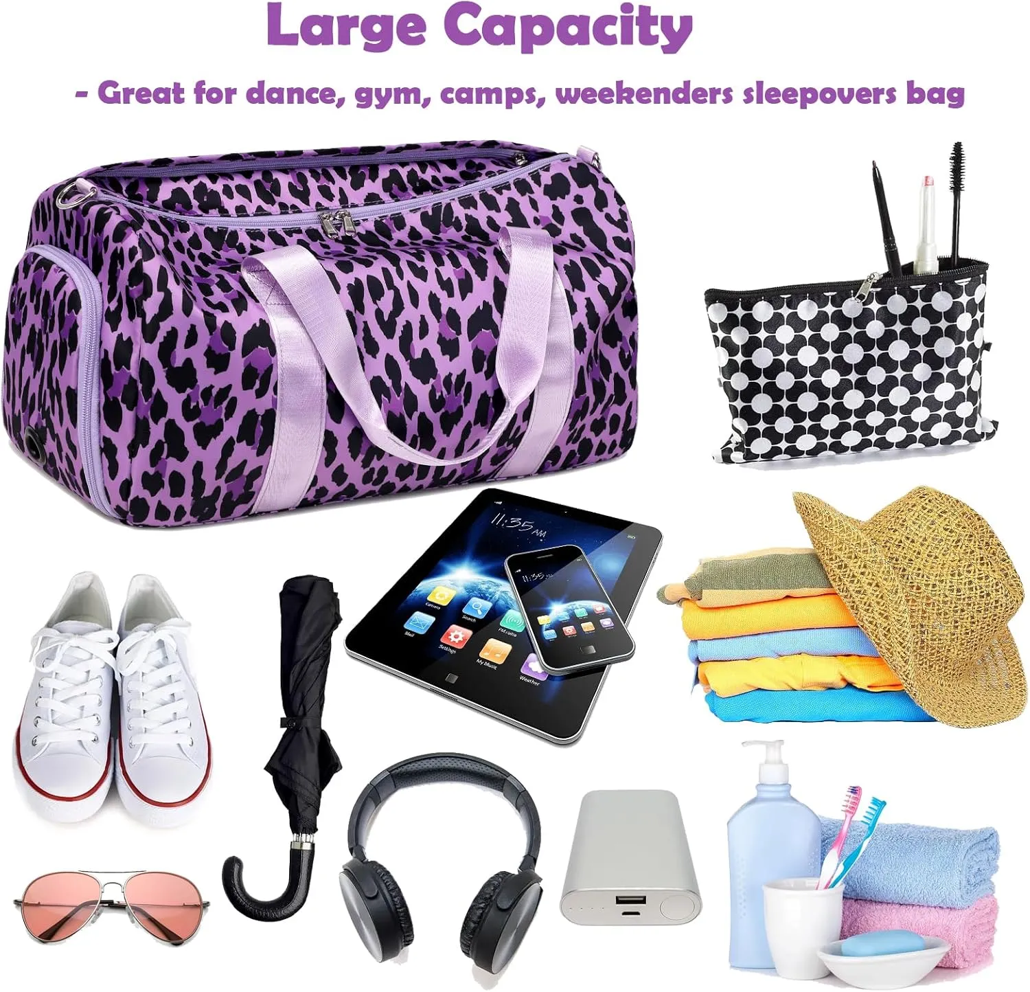 Girls Duffle Bag, Purple Leopard Print Women Duffle Overnight Travel Sport Gym Bag with Wet & Shoe Compartments Dance Ballet Weekender Sleepover Carry On Bag for Girls Women