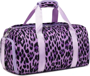 Girls Duffle Bag, Purple Leopard Print Women Duffle Overnight Travel Sport Gym Bag with Wet & Shoe Compartments Dance Ballet Weekender Sleepover Carry On Bag for Girls Women